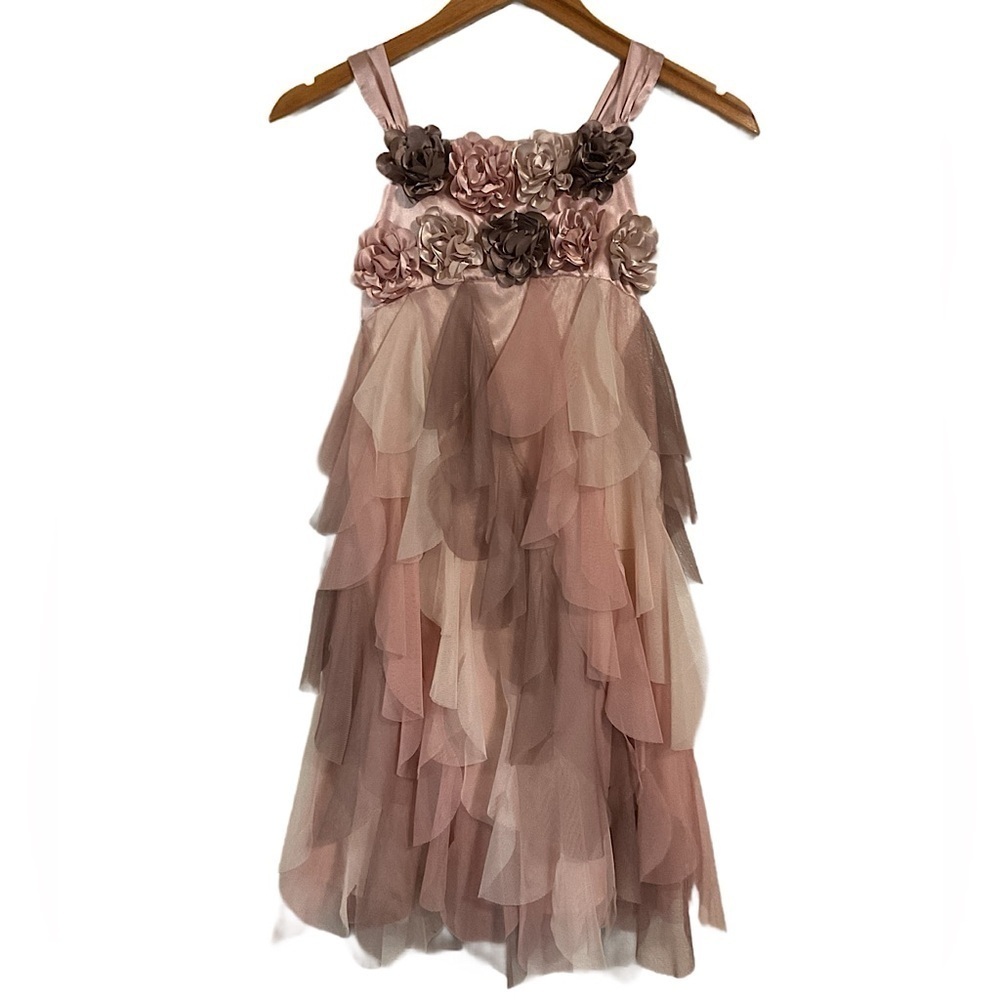 Biscotti Pink and Brown Layered Tulle Flower Girl Dress